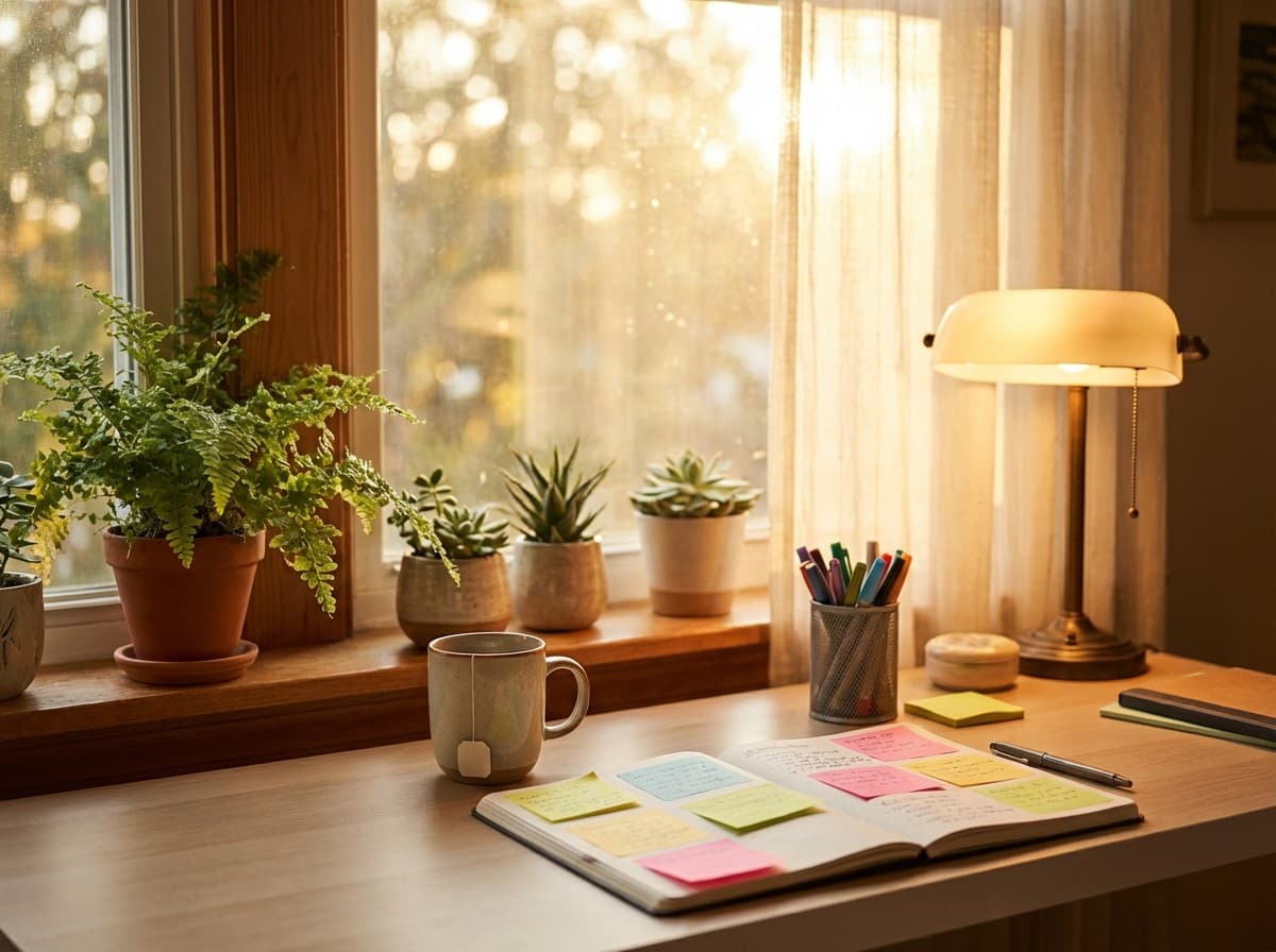 A warm, organised workspace representing productive daily life